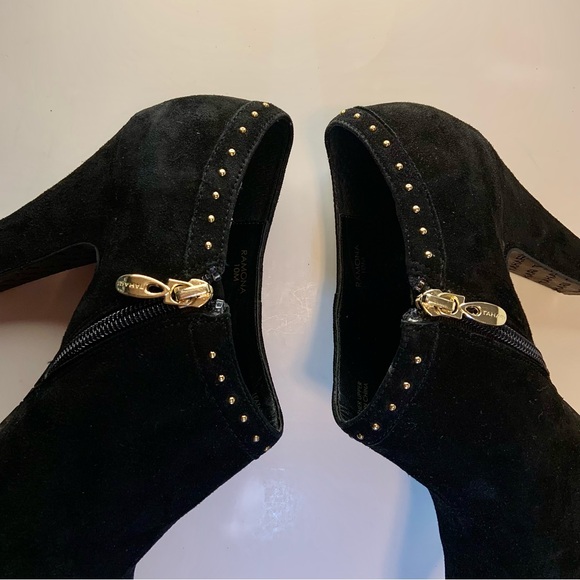 Tahari Ramona Black Suede Leather Gold Studs Ankle Boots Bootie Heels Shoes 10M - Picture 2 of 11